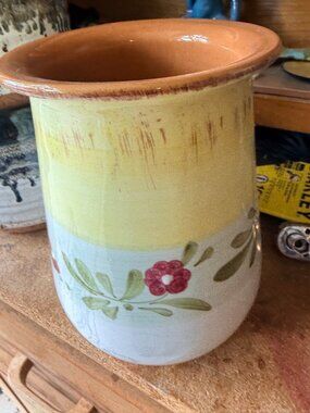 Hand-Painted Italian Ceramic Vase With Floral Design Yellow & White Made In Ital